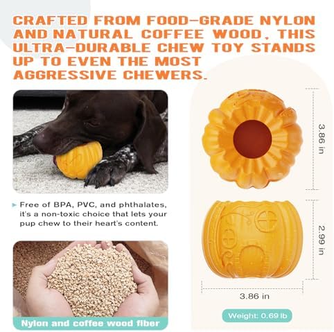 Pumpkin-Shaped Interactive Dog Toy for Aggressive Chewers | Multifunctional Food Dispenser, Frozen Lick Toy, Safe Nylon & Coffee Wood Fiber, Easy to Clean, Relieves Anxiety