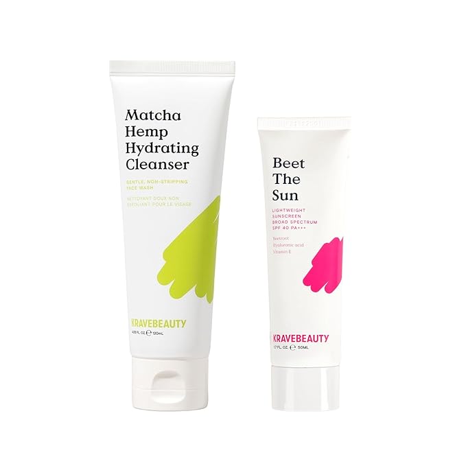 KraveBeauty Cleanse + Protect Duo – Matcha Hydrating Cleanser + Beet The Sun SPF, K-Beauty Simplified Daily Skincare, Gentle & Non-Greasy, Vegan & Cruelty-Free, 4.05 fl oz + 1.7 fl oz