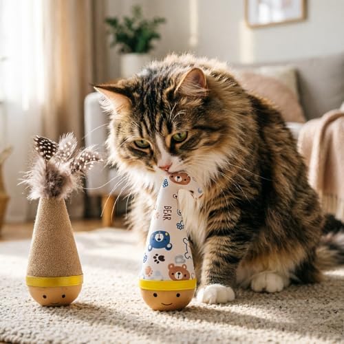 Interactive Wooden Cat Toy Natural Beechwood Wobble Tumbler Silent 2PCS