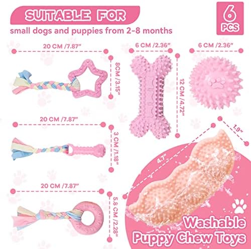 Petcare 6 Pack Puppy Chew Toys for Teething Cute Pink Puppy Toys Small Dog Toys Soft Rubber Rope Dog Toys Funny Bone Ball Cleaning Teeth Dog Chew Toys Puppy Teething Toys for Puppies Yorkie