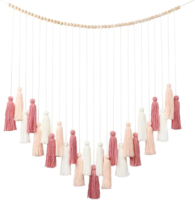 DrCor Blush Pink Tassel Garland – Boho Nursery Decor | Macrame wall hanging for baby girl nursery, toddler room. Rose gold boho decor.