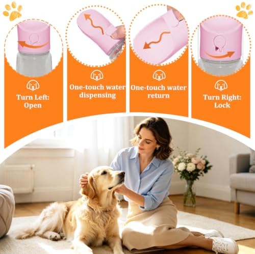 Portable Dog Water Bottle with Food Container, Pink, 12oz