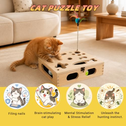 Cat Scratch Puzzle Enrichment Box, Interactive Cat Toy for 3 Balls & 2 Wand