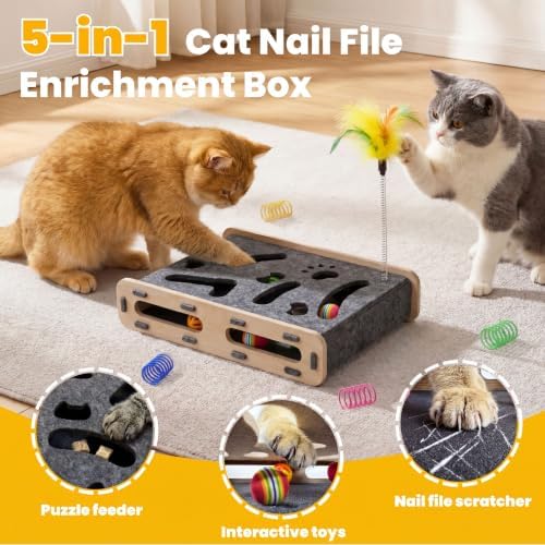 5-in-1 cat nail file scratcher Enrichment Box - interactive cat toys for indoor cats, Large felt cat puzzle feeder with replaceable sandpaper, Includes 6 balls ,4 spring toys,and feather toy(grey)