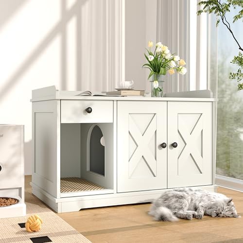 Montary Multi-Use Cat Litter Enclosure Box with Storage Drawer & Cat Litter Mat,Hidden Litter Box Furniture,Farmhouse Style Wooden Pet House Side Cabinet, White