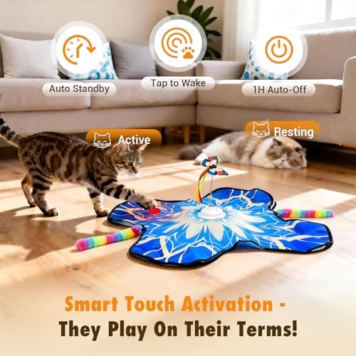 Hide and Seek Cat Toy Mat, 3-in-1 Interactive Cat Toy for Indoor Cats with Fluttering Butterfly, Dual Concealed Feather Wands, 3 Prey Sounds and Touch Activation (Blue)