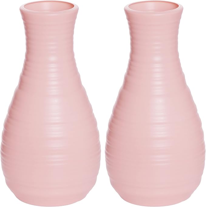2 Pack Composite Plastics Flower Vase, Unbreakable Ceramic Look Vase for Home Decor Centerpieces, Arranging Bouquets (Pink)