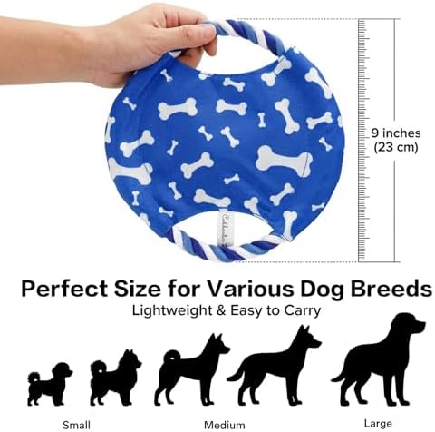 Dog Rope Flying Disc Toy with Squeaker | Durable Canvas Center & Braided Cotton Rope Ring | 2-in-1 Fetch & Tug Interactive Toy for Small & Medium Dogs | 9 Inch