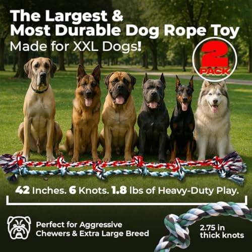 Pacific Pups Products Giant Dog Rope Toy for XL Dog, 42", Green/Red, 2 Pack
