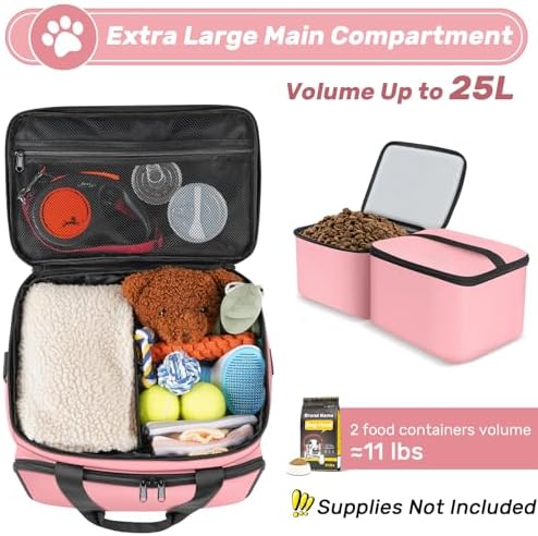 6 Set Dog Travel Bag, Large Pet Travel Kit for Supplies, Pink