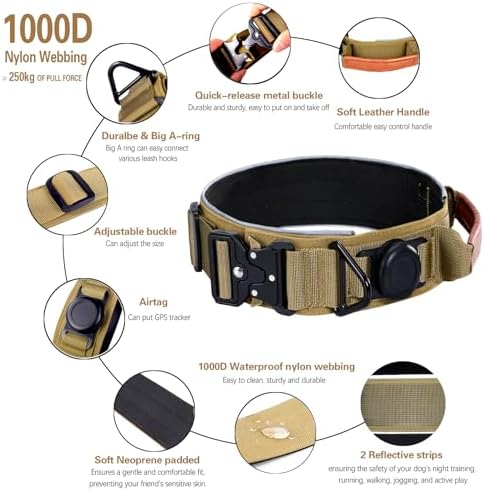 2" Tactical Dog Collar with Airtag Holder & Handle for Medium Dogs (Brown)