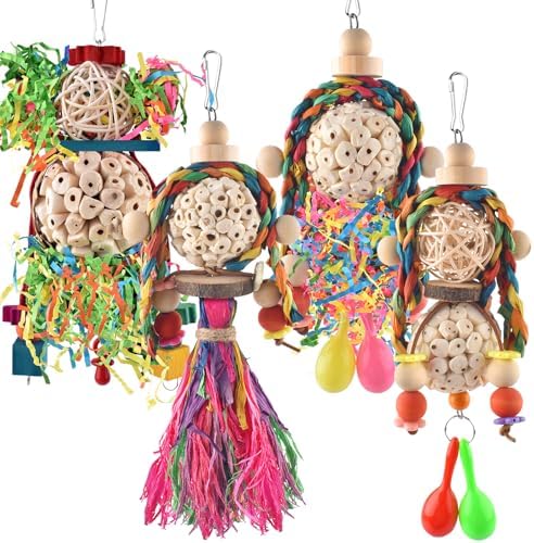 Bissap Conure Toys, 4 PCS Bird Parrot Foraging Shredder Hanging Toys Sola Balls with Sand Hammer for Small Parrots Parakeets Conures Cockatiels Love Birds Cage Toy