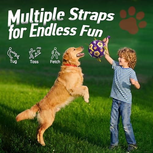 QDAN Extra Large Dog Toy Soccer Ball, Durable Dog Balls with Straps, 9 Inch | Herding Ball for Dogs Large, Interactive Dog Toys for Tug of War, Outside Water Toy, Training Soccer Balls >90 lbs Dogs
