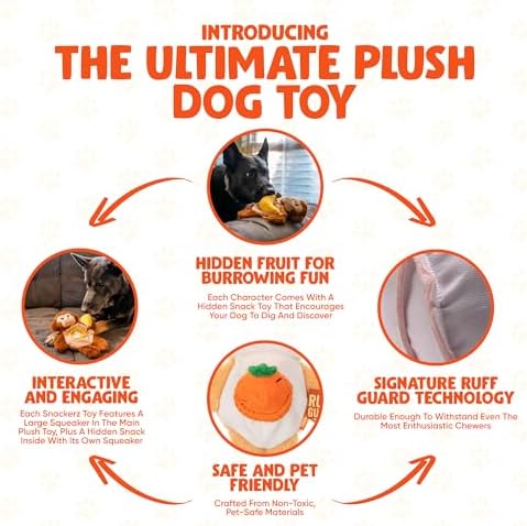 Snackerz Plush Dog Toy - Ruff Guard Technology - Large Squeaker & Hidden Fruit with Squeaker for Burrowing Fun and Interactive Play - Squeaky Dog Toys Suitable for All Breeds