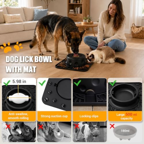 Slow Feeder Dog Bowl with Rolling Ball, 2 in 1 Dog Lick Bowl with Mat