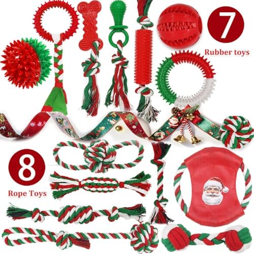 Christmas Dog Toys 15 Pack, Puppy Rubber Chew Toys with Rope Toys Set, Interactive Tough Christmas Gifts Box for Dogs, Training Playing Teething Busy Toys Bulk for Holiday Puppies Presents