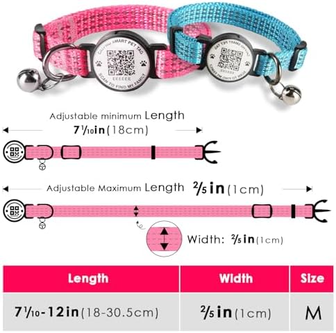 Smart QR Code Pet ID Personalized Tag Cat Collar, Reflective Nylon with Bell, Secure Breakaway, Comfortable, Durable - Suitable for Kittens-Rose&Black-S