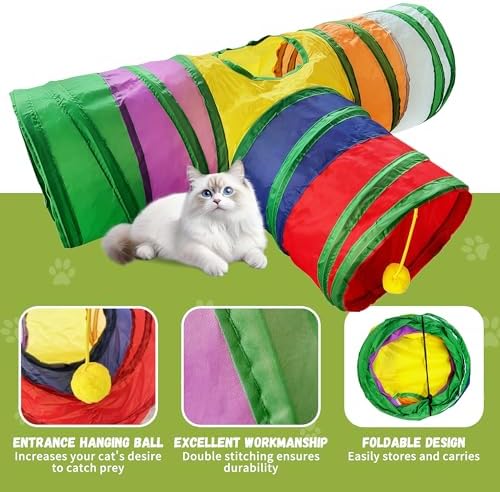Cat Tunnel,Cat Tunnels for Indoor Cats Interactive, Pet Tunnel Toys for Cats Kitten Rabbits,3 Way Collapsible,Rainbow L 32" T Shape