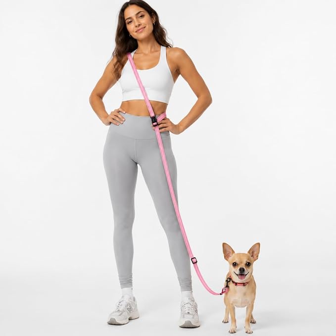 Kazazoo Hands-Free Dog Leash Adjustable Length 5-8 Ft,Waist & Crossbody Leash for Walking with Small Dogs Bichon Frisé & Teddy Reflective Strips, Ballistic Nylon, Waist Belt, Lightweight Pink