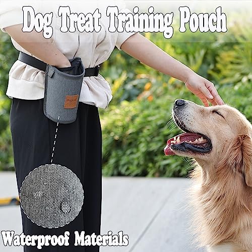 Dog Treat Training Pouch 3 Ways to Wear Elastic Leak-Proof Food Mesh Design Built-in Poop Bag Dispenser Adjustable Multifunctional Shoulder/Waist Bag for Pet Walking and Travel（Grey）