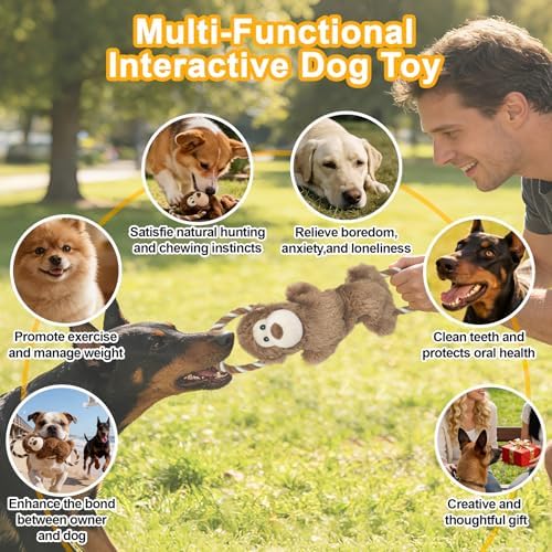 15.55 Inch Monkey Squeaky Dog Toy with Crinkle Paper & Rope, Plush Chew Toy for Puppy Teething, Interactive Tug of War Toy for Small Medium Large Dogs