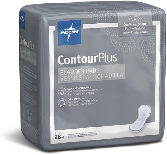 Medline ContourPlus Bladder Control Incontinence Pads, Maximum Absorbency, 6.5" x 13.5", 28 Count (Pack of 6)