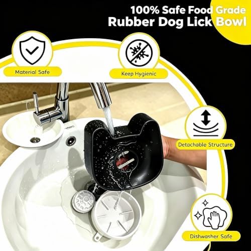 Dog Lick Bowl with Rolling Ball, Slow Feeder for Liquid Treats, Anti-Slip Interactive Dog Toy for Yogurt, Bone Broth & Milk, Anxiety Relief & Post-Op Nutrition, Large Medium Small Breeds (Black)