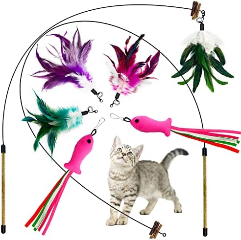 Cat Wand Toys with Silvervine and Bells, 2 Wands and 6 Refills