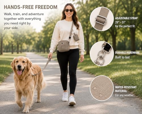 Hands-Free Dog Walking Crossbody for Training, Treat Pouch, Built-in Poop Bag Dispenser, Used Bag Hook & Bonus Tripod (Mocha)