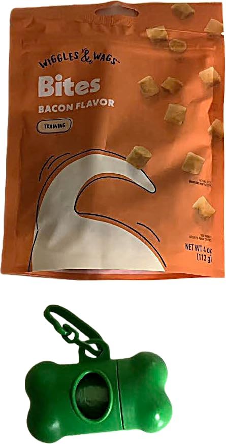 Wiggles & Wags Bites Bacon Flavor Training Dog Treats. with a Bone Shaped Waste Bag Dispenser & Roll Colors Vary. 1-4 OZ Bag.