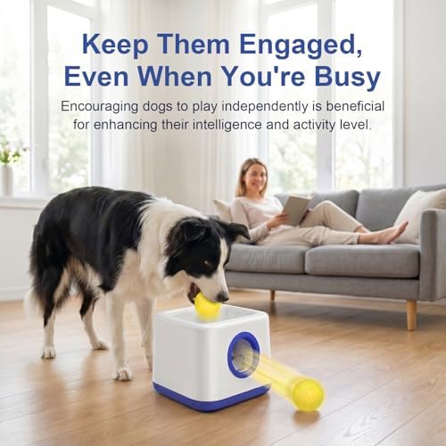 cjc Automatic Dog Ball Launcher,Interactive Fetch Toy for Small/MediumDogs,Pet Ball Thrower Machine for Outdoor Use with 5 PCS Balls,Adjustable Distance 20-40FT(Blue)