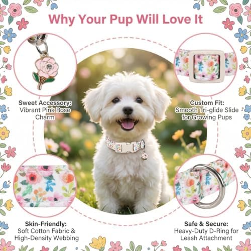 Dog Collar, Floral Girl Dog Collar with Pink Flowers, Cute Spring Summer Pattern for Girls Boys Small Medium Large Dogs, Soft Puppy Collar