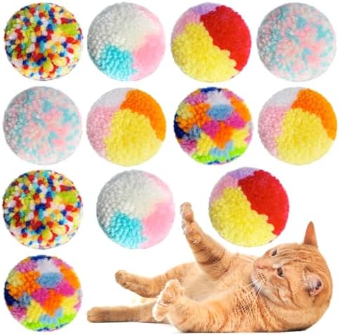 Assorted Color Cat Ball Toys, Woolen Yarn Puffs Pom Balls Interactive Kitten Chasing Toys Cat Chase Balls (12Pcs)