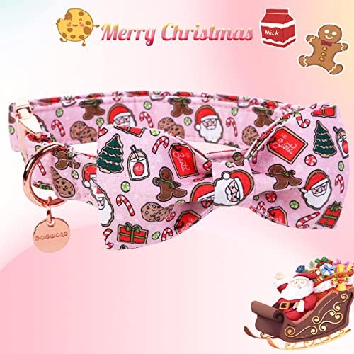 DOGWONG Christmas Dog Collar with Sailor Bow, Pink Santa Claus Dog Collar Soft Durable Adjustable Cotton Cute Girl Puppy Collar for Small Medium Large Dog