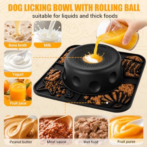 Slow Feeder Dog Bowl with Rolling Ball, 2 in 1 Dog Lick Bowl with Mat