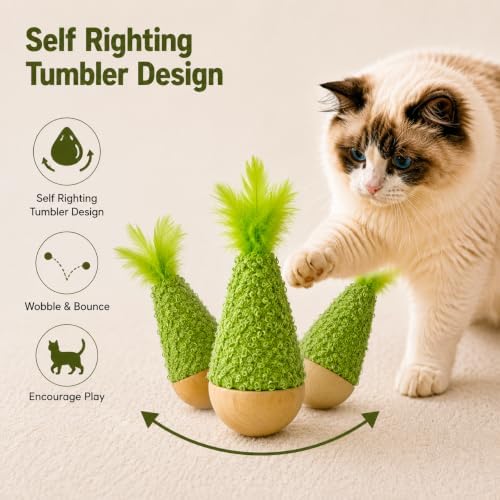 2-Pack Interactive Self-Righting Wobble Cat Toy with Feather, Fluffy Plush Wooden Tumbler for Bored Adult Indoor Cats Silent Self Play Cat Enrichment Toy, Green & Brown