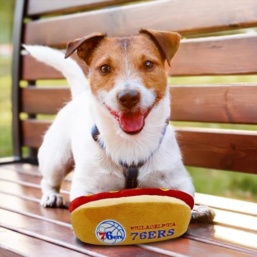Pets First NBA Philadelphia 76ers HOT Dog Plush Dog & CAT Squeak Toy - Cutest HOT-Dog Snack Plush Toy for Dogs & Cats with Inner Squeaker & Beautiful Basketball Team Name/Logo