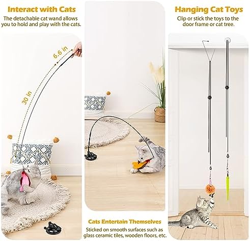 Cat Toys, 2 Pack 3 in 1 Interactive Cat Toy for Indoor Cats with Sticky Super Suction Cup Detachable 10 Pcs Replacements Feathers Balls Mice 2 Wand Hanging Door Kitten Toys