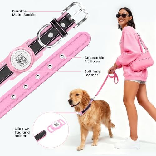 Leather Dog Collar with AirTag Compatible Holder & QR ID, Pink, L