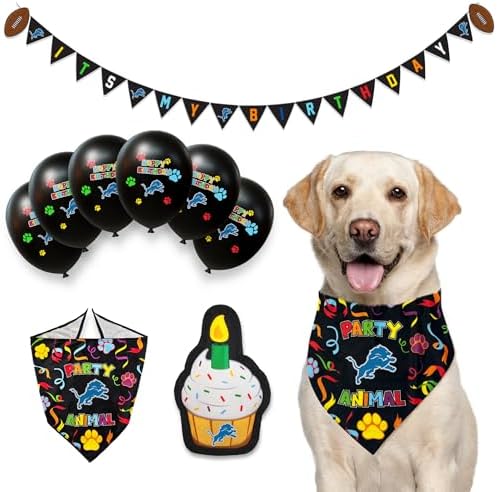NFL Detroit Lions Dog Birthday Party Set 9pcs with 1 Football Bandana Small/Medium, 1 Banner, 1 Birthday Cake Toy & 6 B-Day Balloons, Dog Birthday Set, Costume, Fun Doggie Pawty Accesories
