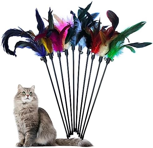 Cat Feather Wand Toys 10-Pack with Bell Indoor Kittens