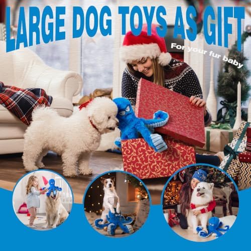 Large Dog Toys, Squeaky Dog Toy, Stuffed Crinkle Blue Octopus Toys 2 Pack | Tough Soft Fabric, Interactive Tug of War Puppy Chew Toys for Teething, Birthday Gift for Pet, Training Reward