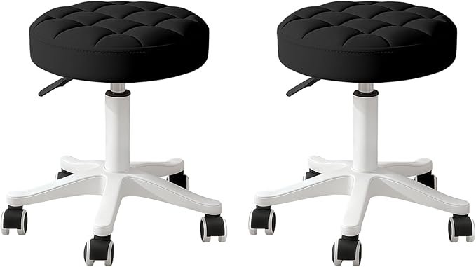 Small Rolling Stool with Wheels, PU Leather Height Adjustable Vanity Work Task Stool, 360 Swivel, Padded Seat Cushion, for Salon, Home, Office