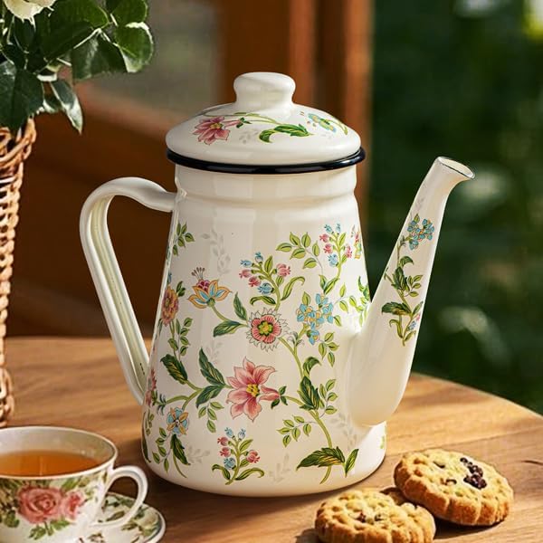 Enamel Tea Kettle – 1.2L Stovetop Teapot with Vintage Floral Pattern, Kettle for Stove, Ideal Small Tea Kettle for Gas & Induction Cooktops