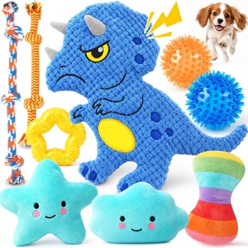 KIPRITII 9 Pack Puppy Toys for Teething, Small Dog Toys Set Keep Dogs Busy | No-Stuffing Dinosaur-Shaped Toy, Squeaky & Chew Play, Tug & Fetch, Boredom Relief, Indoor Play, Outdoor Interaction
