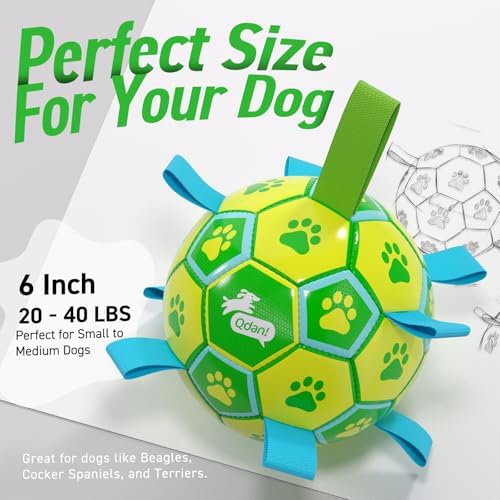 QDAN Dog Toys Soccer Ball, Durable Dog Balls with Strap for 30-90 lbs Dogs | 8 Inch Soccer Toy with Tabs, Training Herding Balls for Outdoor, Dog Tug Toy for Tug of War, Puppy Birthday Gifts, Green