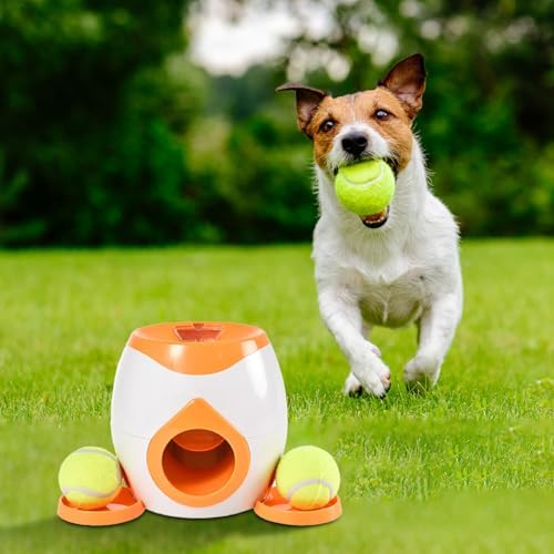 Interactive Dog Training Toy, Dog Tennis Ball Food Reward Machine with Automatic Treat Dispenser, Rechargeable Tennis Ball Throwing Machine for Small to Medium Dogs (Orange)