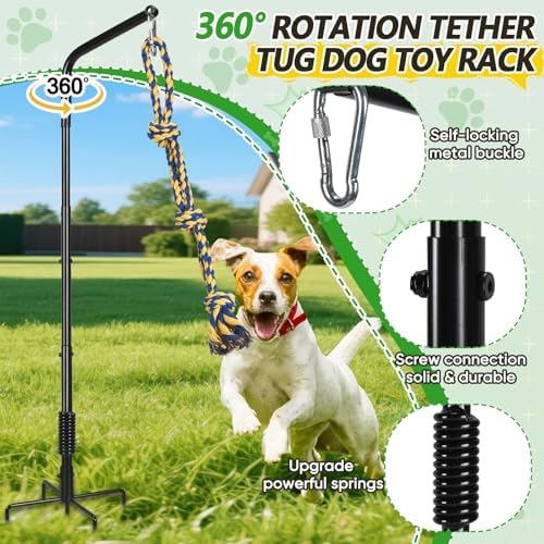 HVDI Tether Dog Toy Rack with 3 Tug Rope Toys, Dog Rope Play Spring Rack and Interactive in Yard, Park, Lawn, Adjustable Height Suitable for Large, Medium, Small Dogs (55 Inches)