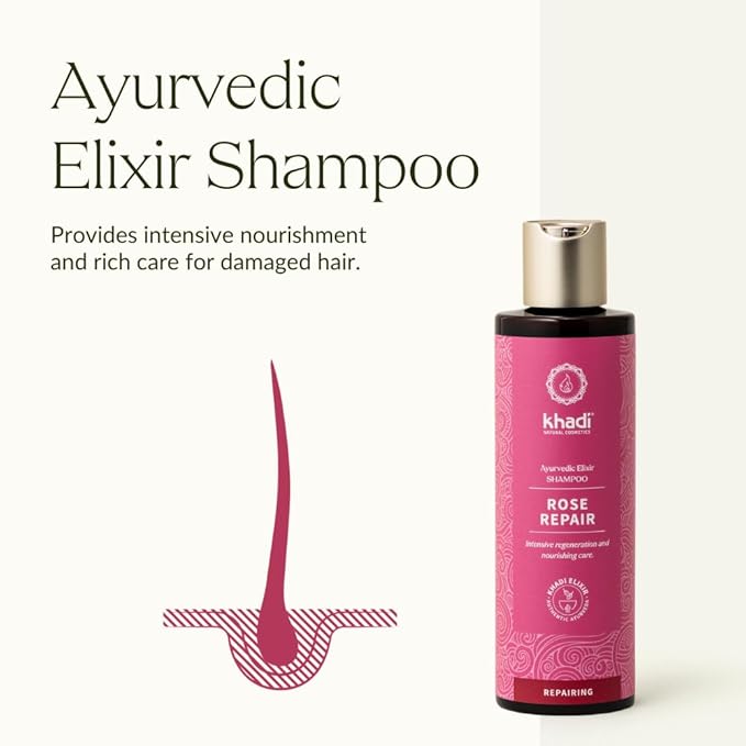 khadi ROSE REPAIR Ayurvedic Shampoo - Intensive regeneration & nourishing care for damaged hair - 100% natural & silicone-free - 6.7 fl oz