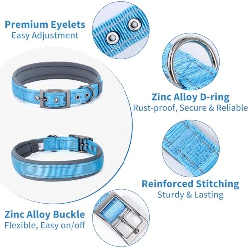 Segarty Reflective Cute Dog Collar for Large Dogs, Adjustable Wide Soft Comfortable Breathable Neoprene Padded Nylon Collar with Heavy Duty Metal Buckle for Large Medium Breeds (L, Light Blue)